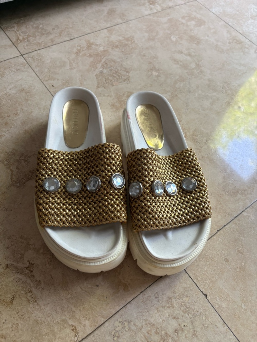 Gold Beaded Slide Sandals with Gem Accents